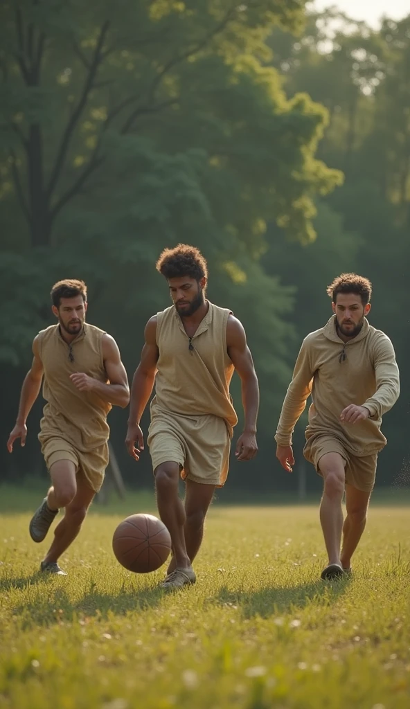 "The players, dressed in rudimentary outfits and using a heavy leather ball, followed rules that were unknown until that moment, trying to understand the game as they ran across the field, their movements slightly hesitant but spirited, with the grass underfoot showing signs of wear, trees lining the field, the wind slightly rustling their clothes, captured in hyper-realistic, photo realism, cinematography -- ar 9:16."