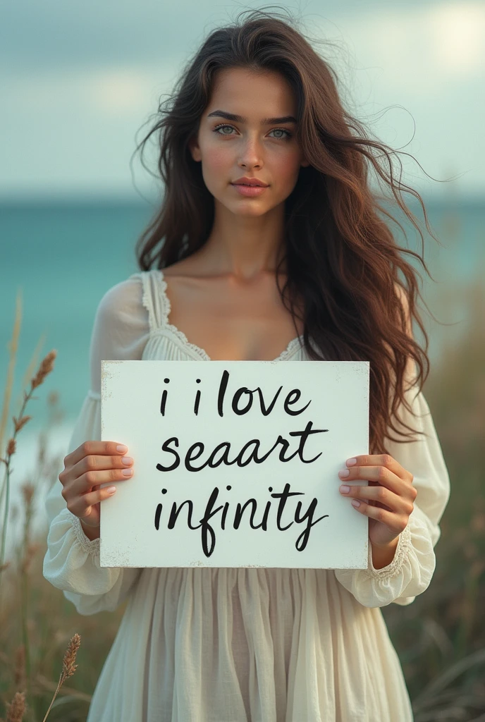 Beautiful girl with wavy long hair, bohemian dress, holding a white board with text "I Love Seaart Infinity" and showing it to the viewer
