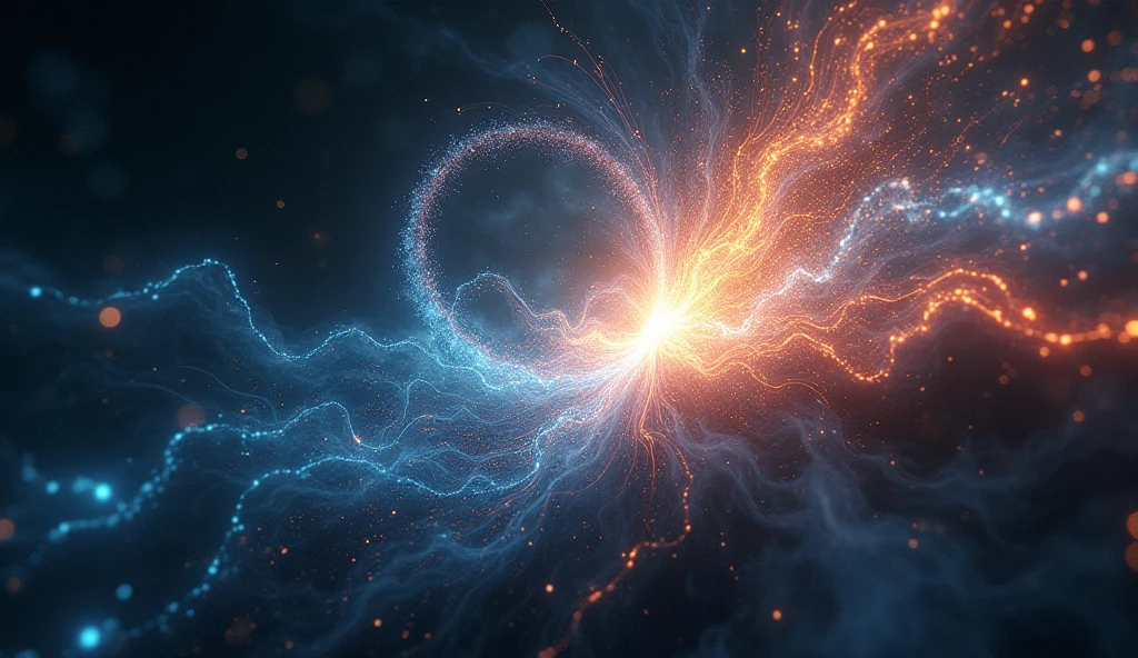 prompt &References;The moment of creation&References; In the Dark、The light begins to shine。Chaotic energy swirls、Particles of light fly around in three dimensions.”