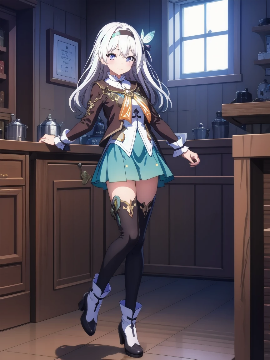 white hair, Headbands, High Leg Raise, Long sleeve, skirt, long hair, breast, Bangs, hair accessories, Hair between the eyes, Purple Eyes,boots, High heel, white footwear,firefly,masterpiece, official art, Extremely detailed CG unified 8K wallpaper, Very detailed, Ridiculous, 8K resolution, 1 girl, alone,daytime，Standing