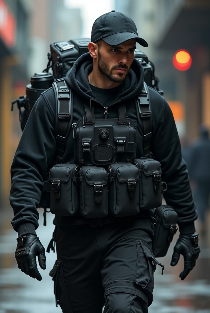 photographer wearing black tartical clothes. with cap and hoodie carry a lot of tactical bags
