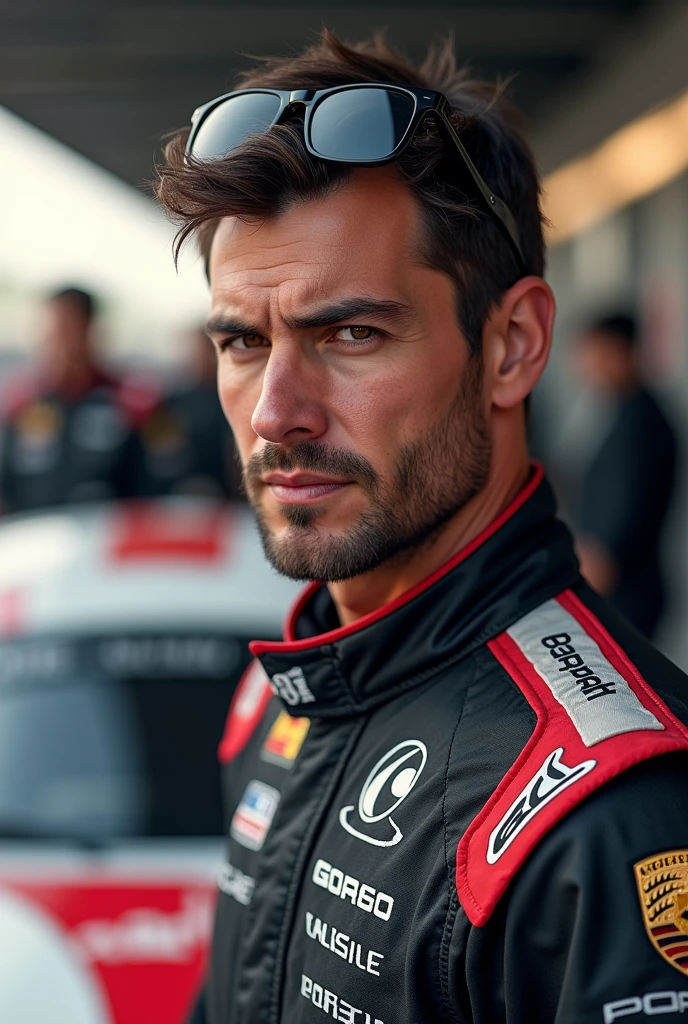 (Photorealism:1.1) a man dark brown hair and brown eye pilot porsche Cup nos Boxes ao lado do carro usando Rayban 8k ultra realistic ultra detailed as real as possible 