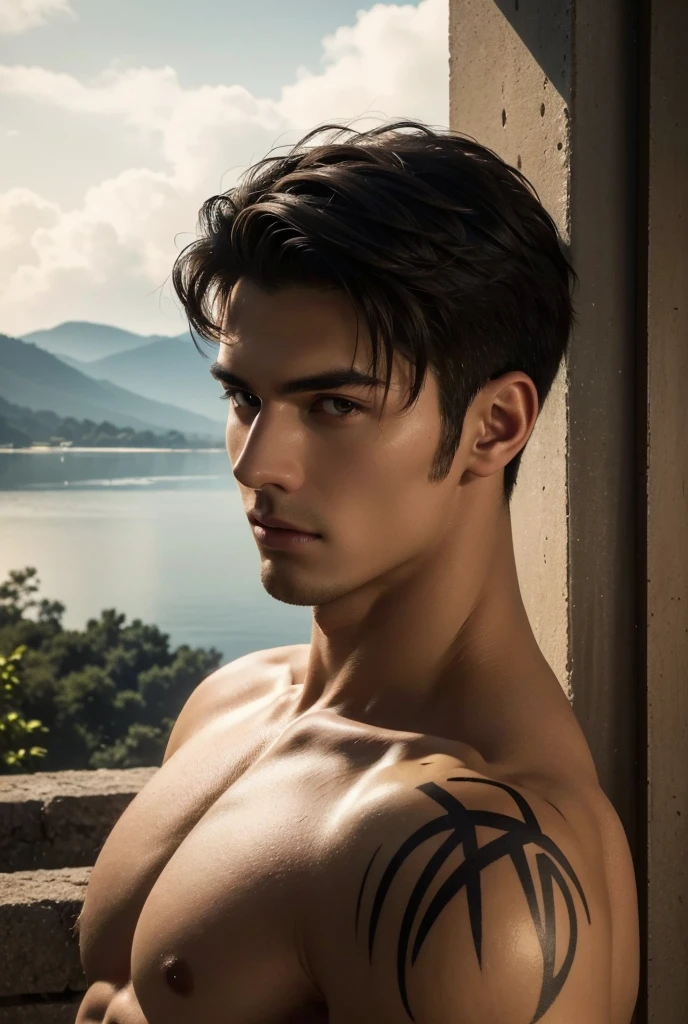 a tall handsome muscular young man, solo, extremely detailed face and body, (shiny smooth skin), hot glow in his skin, perfect facial features, beautiful eyes, short hairstyle, sexy gaze, looking at the viewer romantically, explorer, explorer's clothes, ancient ruins, big lake, cloudy sky, lush nature, full body tattoos, (best quality,4k,8k,highres,masterpiece:1.2),ultra-detailed,(realistic,photorealistic,photo-realistic:1.37),dramatic lighting,vibrant colors,cinematic composition