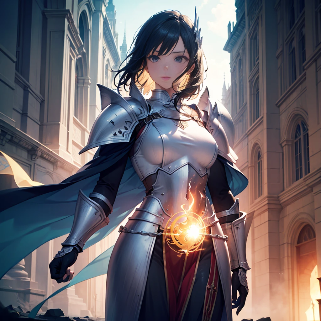 a heavenly knight, intricate detailed armor, glowing celestial aura, dramatic lighting, epic fantasy, hyper realistic, cinematic composition, volumetric lighting, dramatic pose, majestic landscape, highly detailed, 8K, masterpiece, photorealistic