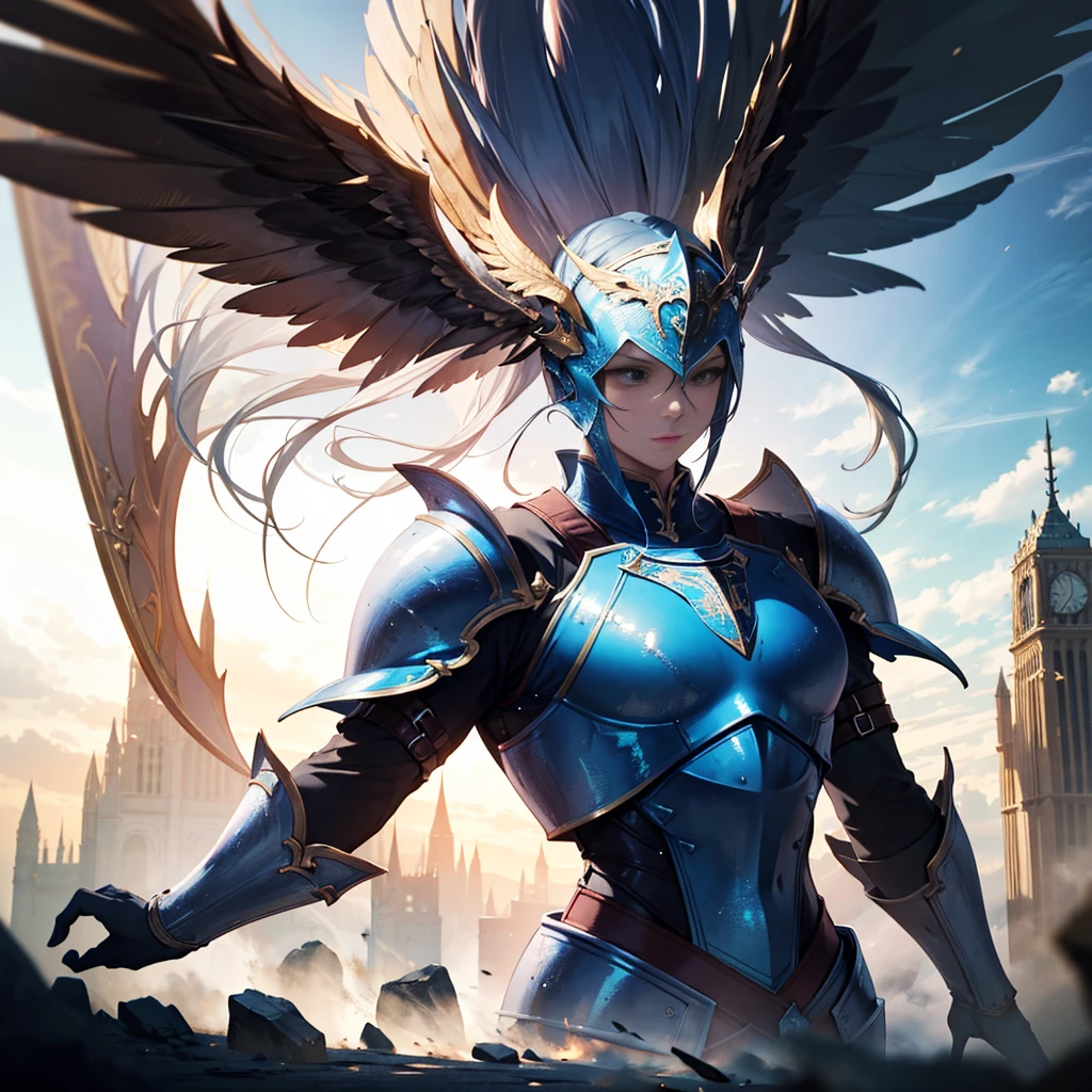 a heavenly knight, intricate detailed armor, glowing celestial aura, dramatic lighting, epic fantasy, hyper realistic, cinematic composition, volumetric lighting, dramatic pose, majestic landscape, highly detailed, 8K, masterpiece, photorealistic