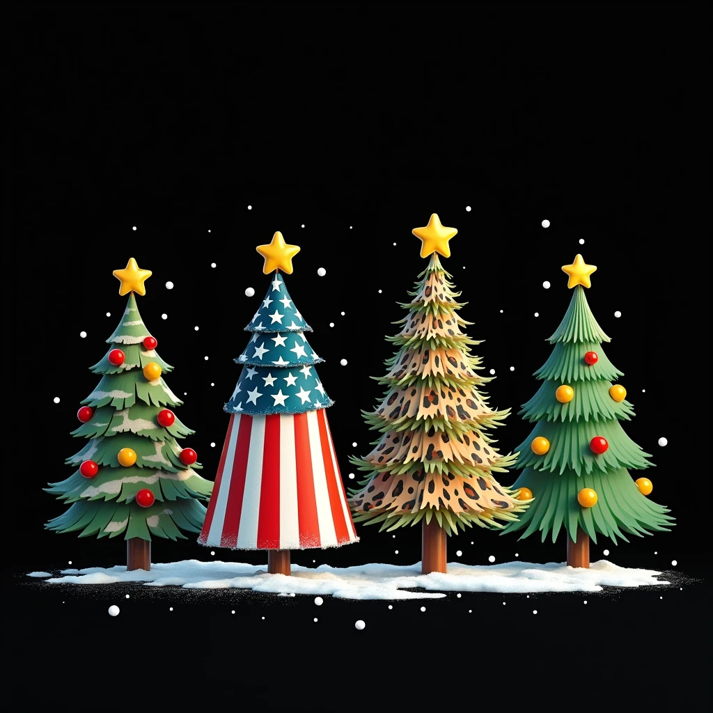 isolated on black background,realistic,illustration featuring a row of 4 stylized Christmas trees next to each other, each decorated with a different STYLE SUCH as camouflage pattern (green, brown, tan, blue, and white), AMERICA flag pattern, Christmas tree icons with abstract leopard print spots pattern.Place a bright yellow star on top of each tree. Add subtle snowflakes or dots around the base of the trees to enhance the wintery feel.set black background to make the design stand out,Christmas feel
