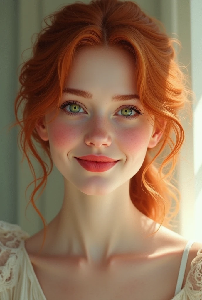 a very beautiful girl, Redhead with green eyes and cherry red lips smiling