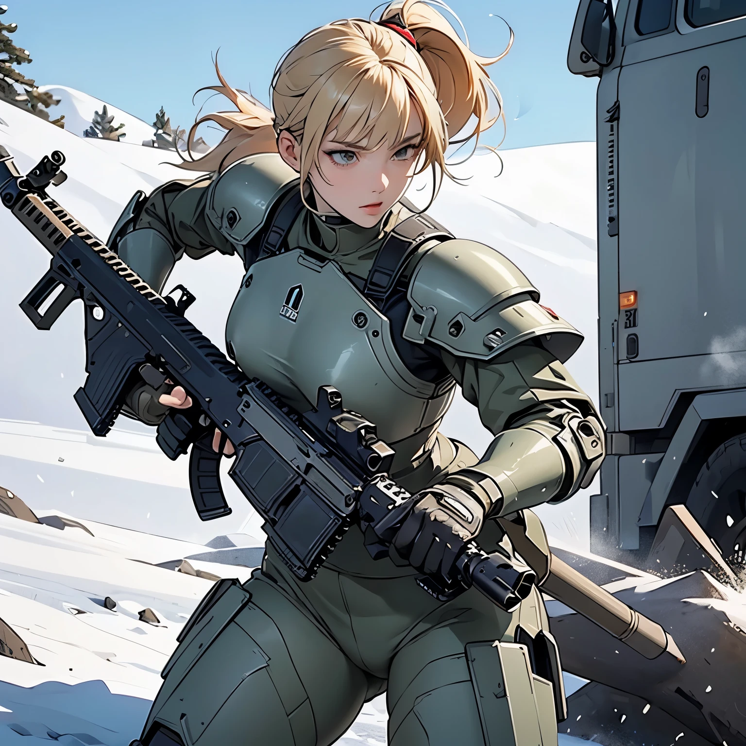 nsfw, anime screencap, 16K, perfect anatomy proportion body, perfect hands, action, A dynamic composition with a sense of speed and movement, (Hold an assault rifle:1.6), a wife, 40age, perfect beautiful delicate sexy face, perfect beautiful delicate eyes, blonde hair, blunt bangs ponytail, flat chest, abs, Camouflage-colored heavy armored steam engine full armor powered suit, Many heavily armored robot soldiers are engaged in a firefight in the background., Flying bullets, Snowy Battlefield, war, Post-apocalyptic,