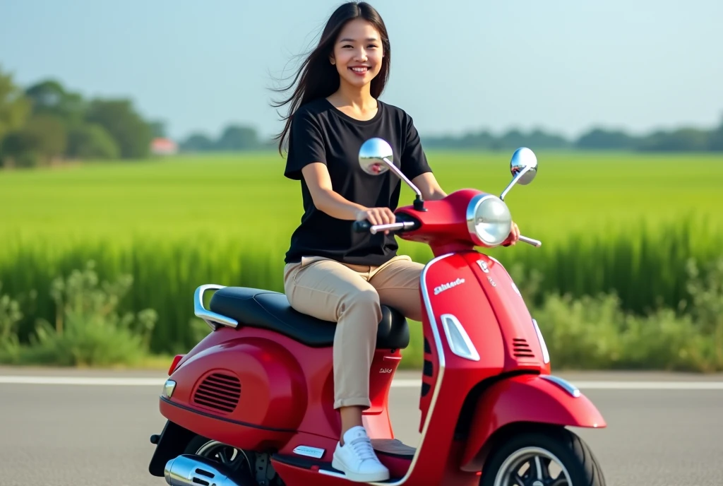 High Resolution, Masterpiece, Accurate, Best Quality, Detail, High Details, High Quality, Realistic photo. A 2 Indonesian wife, wearing a black t-shirt, a beige pants, white sneakers, long dark hair, white skin, height: 155 cm, weight: 45 kg. The image shows a young woman sitting on a red scooter on a road. She is wearing a black t-shirt, beige pants, and white sneakers. She has long dark hair and is smiling at the camera. The scooter is parked on the side of the road and there is a tree on the left side. In the background, there are fields and a clear blue sky. The overall mood of the image is happy and relaxed.