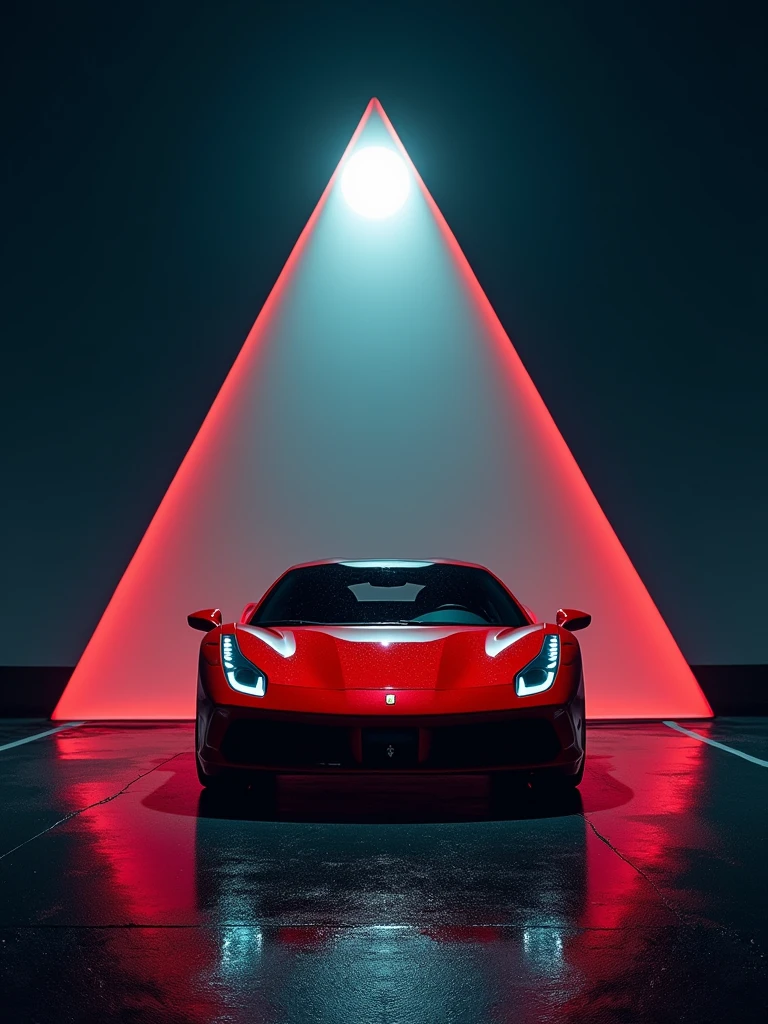 Red ferrari 458, photo shoot, The moon illuminated by a long shadow, Light focus，Use a telephoto lens to capture the details of the car in a surreal photographic style, The first quarter of the triangle shot, and fast-motion effects.
