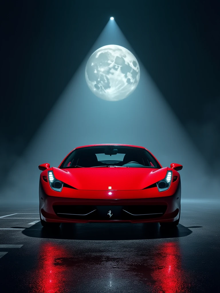 Red ferrari 458, photo shoot, The moon illuminated by a long shadow, Light focus，Use a telephoto lens to capture the details of the car in a surreal photographic style, The first quarter of the triangle shot, and fast-motion effects.