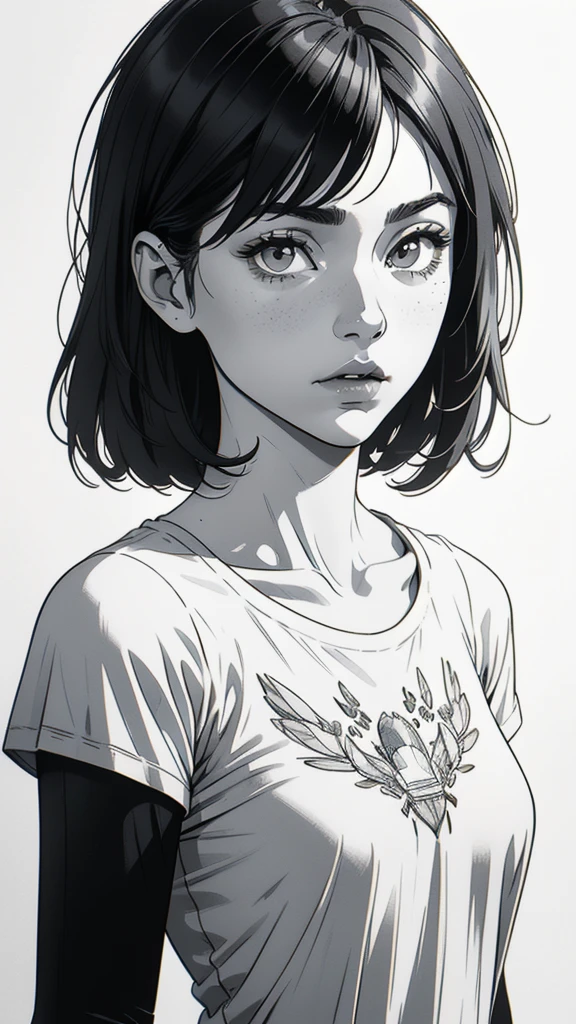 1 boyish girl, solo, sharp eyes, monochrome, greyscale, shoulder length black hair, portrait, (blank white T-shirt), Thin eyebrows, closed mouth, looking at viewer, detailed lips, hatching \(texture\), without makeup, (bangs), upper body, (best illustration), (best quality), (very detailed), (masterpiece), expressionless,