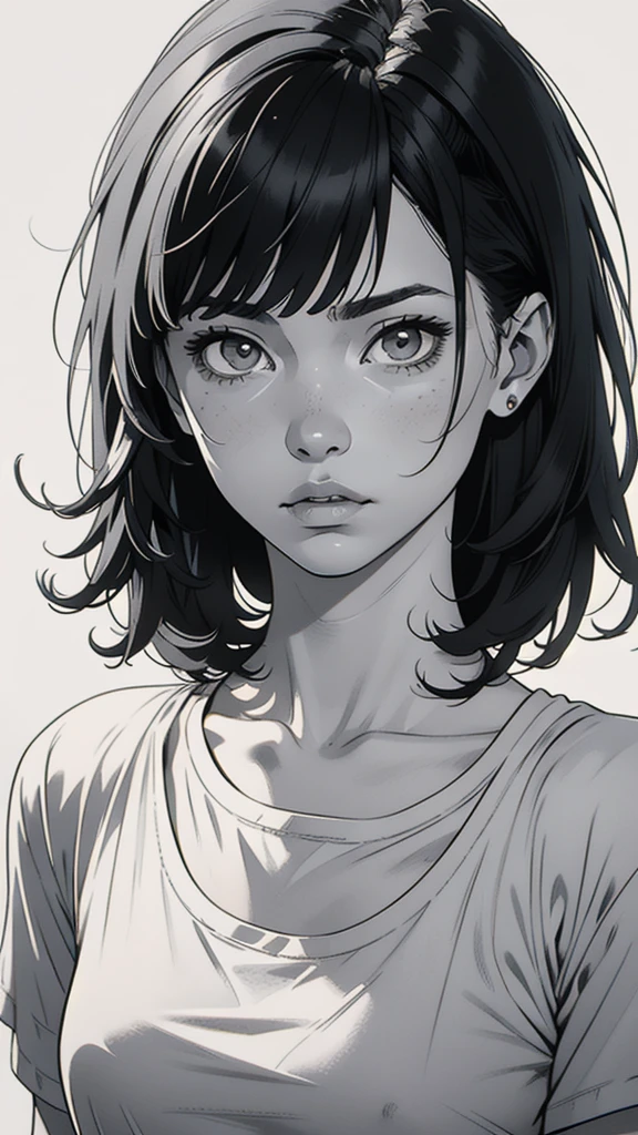1 boyish girl, solo, sharp eyes, monochrome, greyscale, shoulder length black hair, portrait, (blank white T-shirt), Thin eyebrows, closed mouth, looking at viewer, detailed lips, hatching \(texture\), without makeup, (bangs), upper body, (best illustration), (best quality), (very detailed), (masterpiece), expressionless,