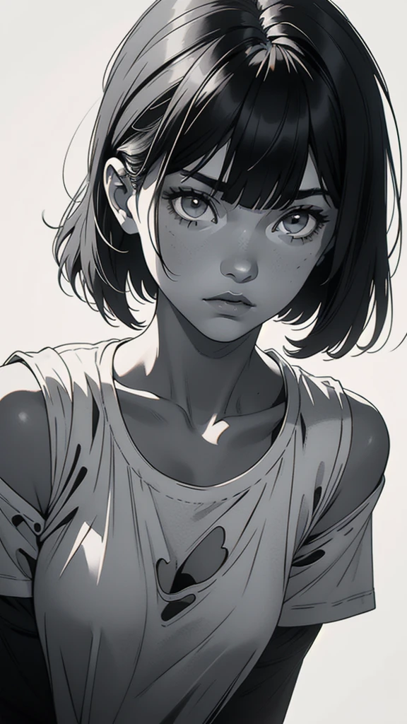 1 boyish girl, solo, sharp eyes, monochrome, greyscale, shoulder length black hair, portrait, (blank white T-shirt), Thin eyebrows, closed mouth, looking at viewer, detailed lips, hatching \(texture\), without makeup, (bangs), upper body, (best illustration), (best quality), (very detailed), (masterpiece), expressionless,