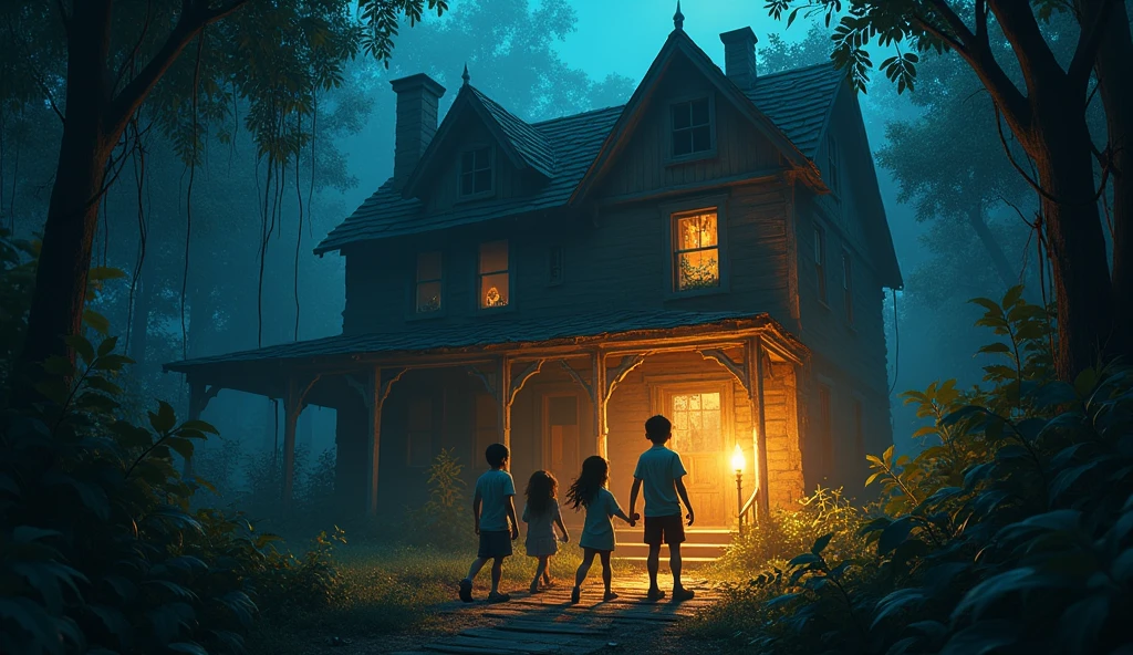 Young boy with 3 friends in horrer old house in jungle with tourches 