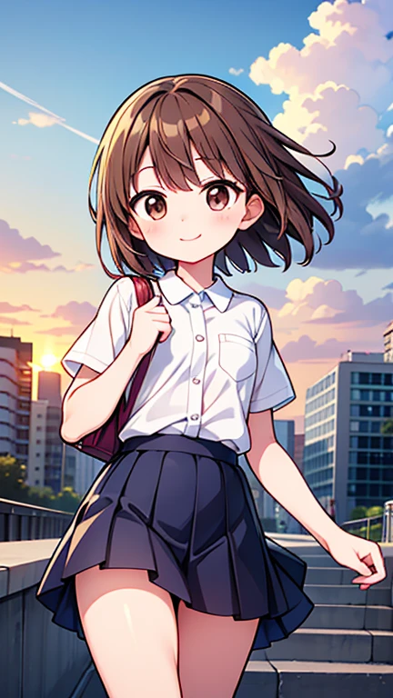 One woman、24-years-old、(Brown hair short cut)、Beautiful brown hair、Perfect Face、Shiny skin、Friendly smile、Very clear, reflective brown eyes、Slightly chubby、Small breasts、buttocks are small、A woman wearing a white button-down shirt and a tight skirt、Let's think step by step,Highest quality、masterpiece、 Ultra-high resolution 、8k、Show anime style 、Soft Line Art、Digital Enhancement、 shojo anime touch, shojo manga core, Flowing fabric、Soft Drawing、 Ultra-Definition Digital Anime Art、 Clear facial depiction、Super detailed girl cartoon character art、 Ultra-detailed manga style、 Highest qualityの色、Walking around the city、Front shot、Clouds in the sky、Warm and soft sunset、A pleasant breeze blows、Beautiful hair blowing in the wind