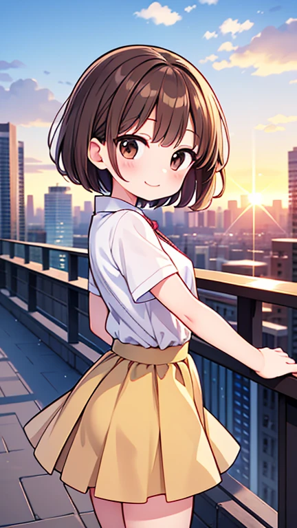 One woman、24-years-old、(Brown hair short cut)、Beautiful brown hair、Perfect Face、Shiny skin、Friendly smile、Very clear, reflective brown eyes、Slightly chubby、Small breasts、buttocks are small、A woman wearing a white button-down shirt and a tight skirt、Let's think step by step,Highest quality、masterpiece、 Ultra-high resolution 、8k、Show anime style 、Soft Line Art、Digital Enhancement、 shojo anime touch, shojo manga core, Flowing fabric、Soft Drawing、 Ultra-Definition Digital Anime Art、 Clear facial depiction、Super detailed girl cartoon character art、 Ultra-detailed manga style、 Highest qualityの色、Walking around the city、Front shot、Clouds in the sky、Warm and soft sunset、A pleasant breeze blows、Beautiful hair blowing in the wind