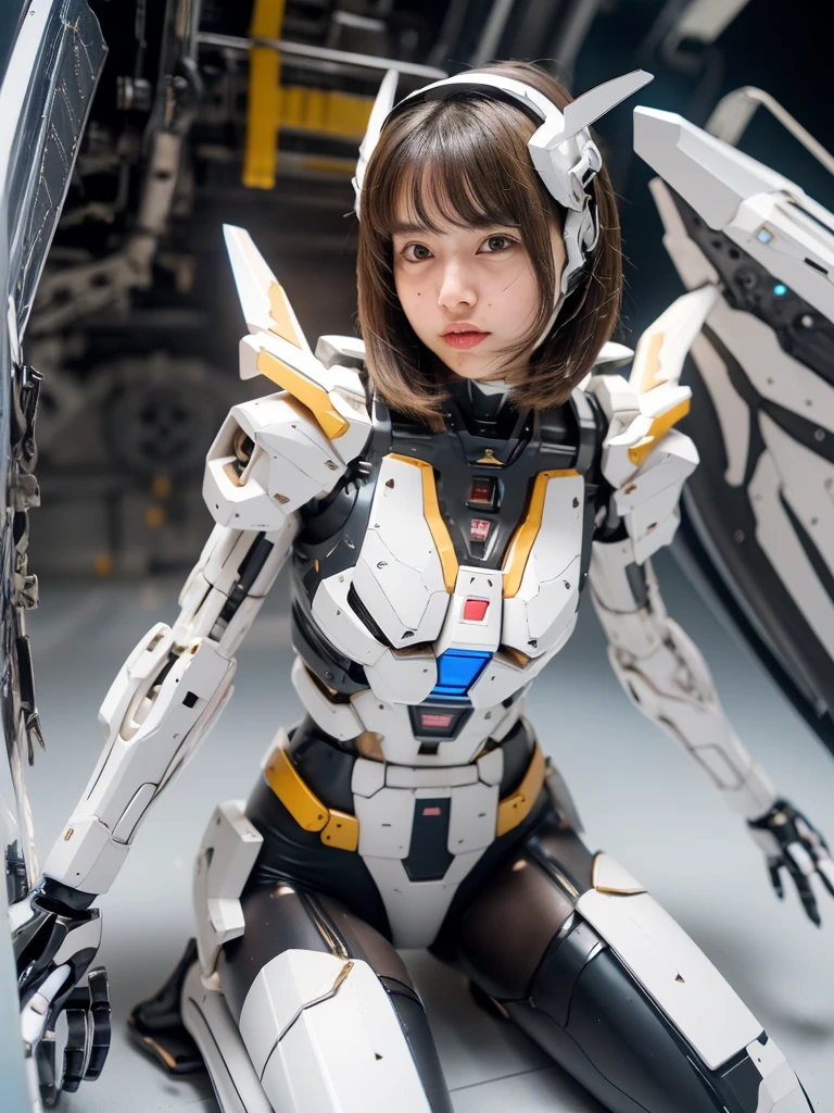 ((masterpiece, hyper quality, highly detailed)), photo realistic, realistic, (ultra high definition: 1.2), High resolution 16k, (Skin texture must be natural:1.5), (Light skin: 1.3), white skin:1.4, (Perfect Anatomy),,japanese high school girl wears only a futuristic Gundam Mecha,(Gundam Mecha), gundam style,with headgear,with gundam style v-fin on the forehead, (mechanical wings),, biomechanics , biomechanics thighs,mechanical shins and feet,visible cleavage,visible groin, android heroine, fully robotized!! girl, perfect android girl, small details. , (cute:1.2), (bob cut:1.3), Black Hair, Thick eyebrows, Light brown iris, Big, bright black eyes, Long eyelashes, Small, light-colored, natural lips, ((Average face of Japanese idols)), (The uniquely Japanese childlike face:1.3), (baby face:1.1), Wide forehead:1.2, Plump Cheeks, Small jaw, Detailed thighs,Slim body, in the hangar,looking at viewer,Focus on the eyes