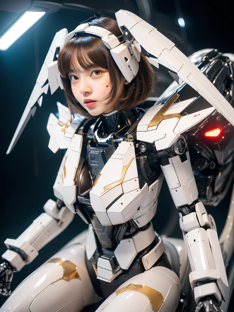 ((masterpiece, hyper quality, highly detailed)), photo realistic, realistic, (ultra high definition: 1.2), High resolution 16k, (Skin texture must be natural:1.5), (Light skin: 1.3), white skin:1.4, (Perfect Anatomy),,japanese high school girl wears only a futuristic Gundam Mecha,(Gundam Mecha), gundam style,with headgear,with gundam style v-fin on the forehead, (mechanical wings),, biomechanics , biomechanics thighs,mechanical shins and feet,visible cleavage,visible groin, android heroine, fully robotized!! girl, perfect android girl, small details. , (cute:1.2), (bob cut:1.3), Black Hair, Thick eyebrows, Light brown iris, Big, bright black eyes, Long eyelashes, Small, light-colored, natural lips, ((Average face of Japanese idols)), (The uniquely Japanese childlike face:1.3), (baby face:1.1), Wide forehead:1.2, Plump Cheeks, Small jaw, Detailed thighs,Slim body, in the hangar,looking at viewer,Focus on the eyes 