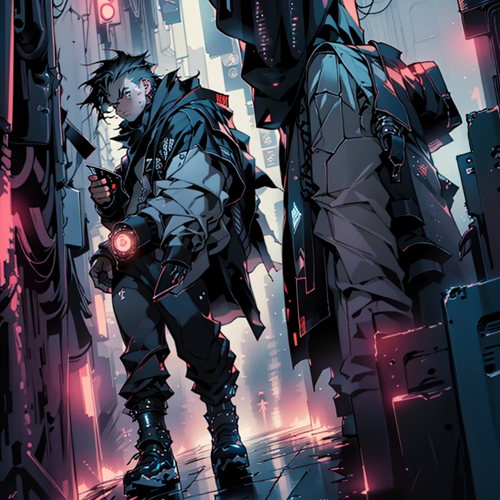 masterpiece, best quality), (Complex lighting), 1 boy,Handsome, Solitary, Complex lighting effects, black eyes, Cold and expressionless, Character against the wall,Cyberpunk city background,anime boy,Panoramic view
