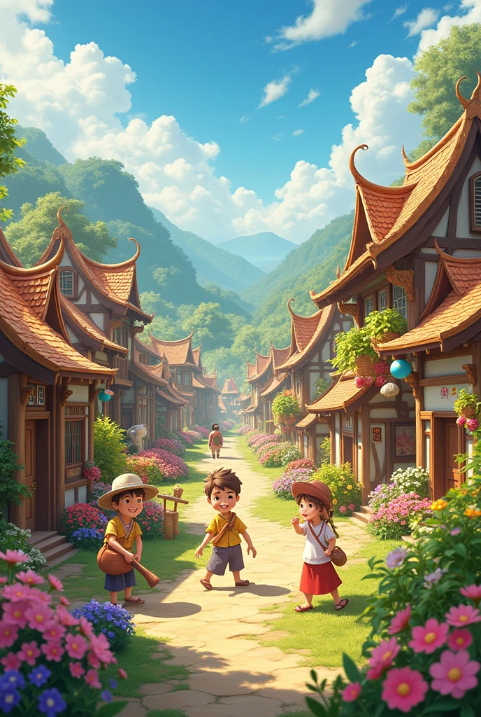 Happy and Prosperous Village:
Scene Description: The village is now flourishing with vibrant colors, joyful villagers, and a sense of abundance.
Details to Include: Lush greenery, colorful flowers, smiling faces, and a lively atmosphere with people working together and celebrating.
