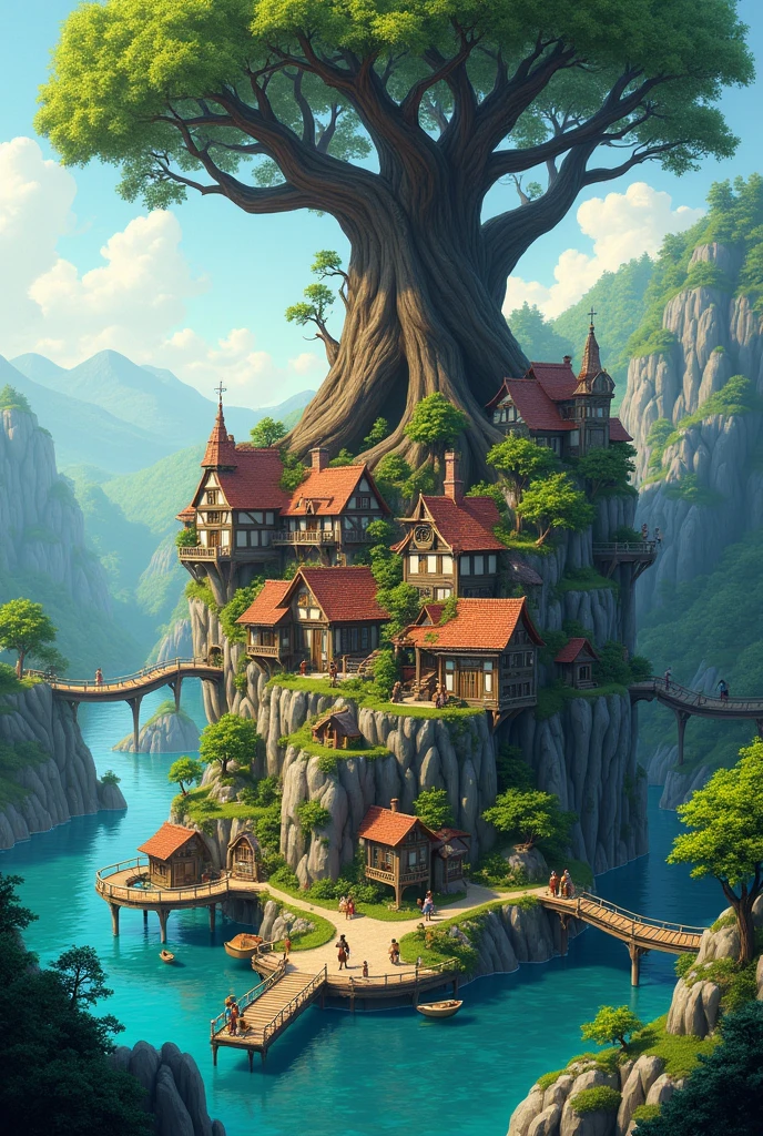 Make an image of an RPG map in a village with houses above the water with a gigantic thousand-year-old tree in the middle.