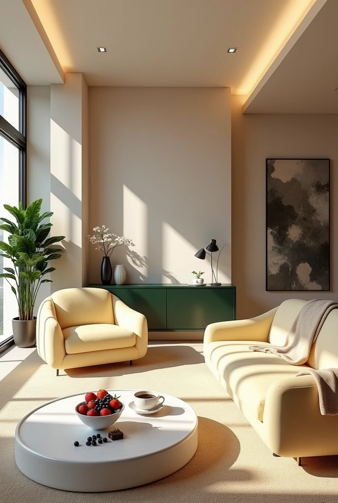 Professional 3d architecture rendering design of modern and minimal relax room with light lemon colour modern velvet 2 Florence sofa and Light cream blanket for sofa and white stone marble table modern and modern ceiling lighting and elegant ceiling lighting and Dark green consulate and modern ceiling lighting and elegant wall painting and elegant accessories and elegant green space and beautiful wall painting and modern windows and beautiful curtains and warm color for carpet and beautiful relax room and one dish of strawberry and blueberry and chocolate and cup of coffee on the table and garden view