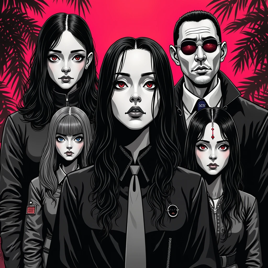 Japanese cyberpunk comic 8K, representation of the Addams family in cyborgpunk, black and white comic with spot colors, Addams family, cyberpunk, 3D, 8K spot color spotlights. 3D shadows, depth, matte color, ultra UHD.