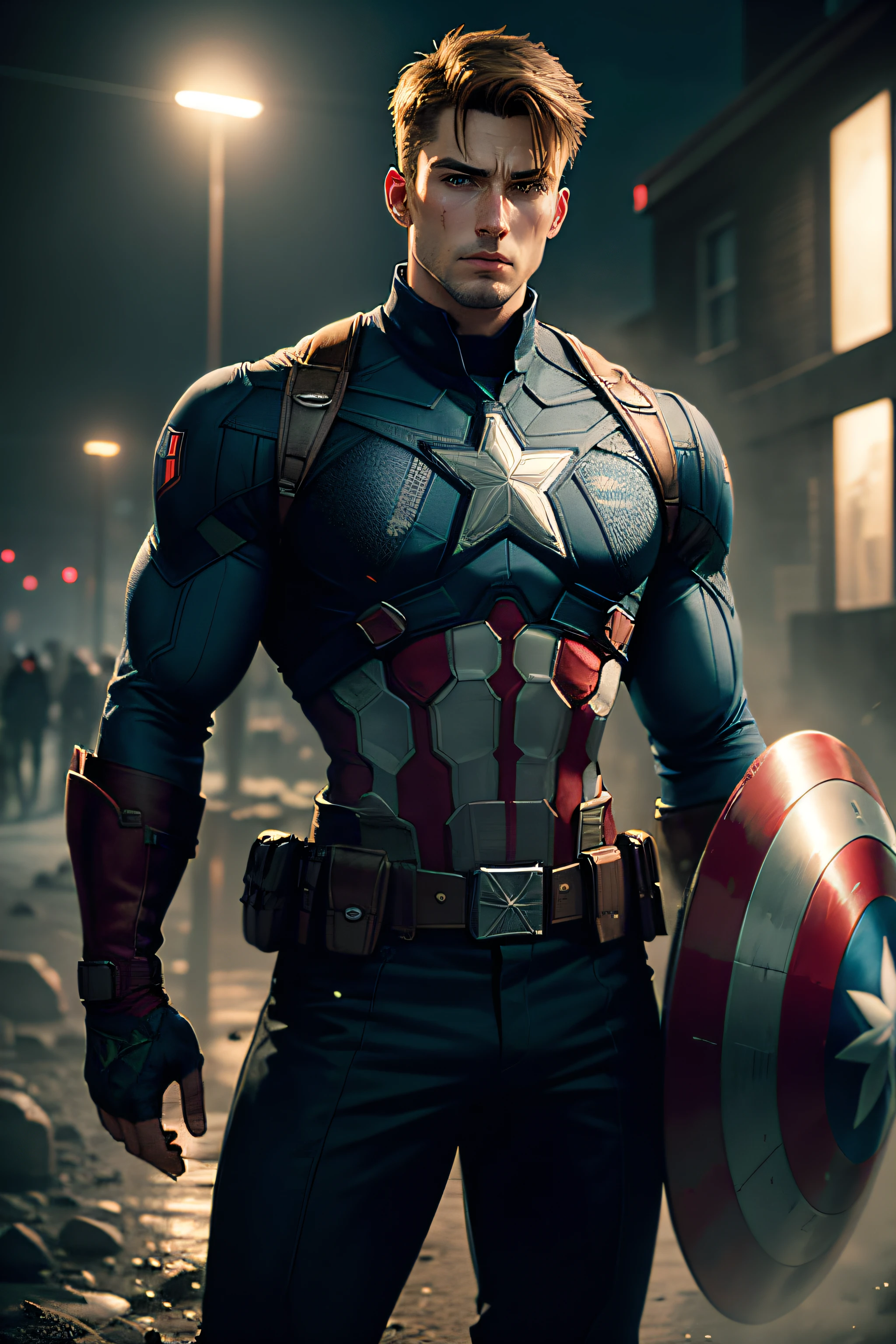 Captain America is posing, details of modern clothing, HDR, ultra HD, 64 mil, highy detailed, professional photograpy , Sketch Style, paint scratches, Sharp lines, trends on ArtStation, realistic engine, bright coloured , high resolution scanning, The camera details everything, The moonlight highlights his muscles and scars. The scenery is lush and mysterious, with a dark city and surroundings. The camera details everything.