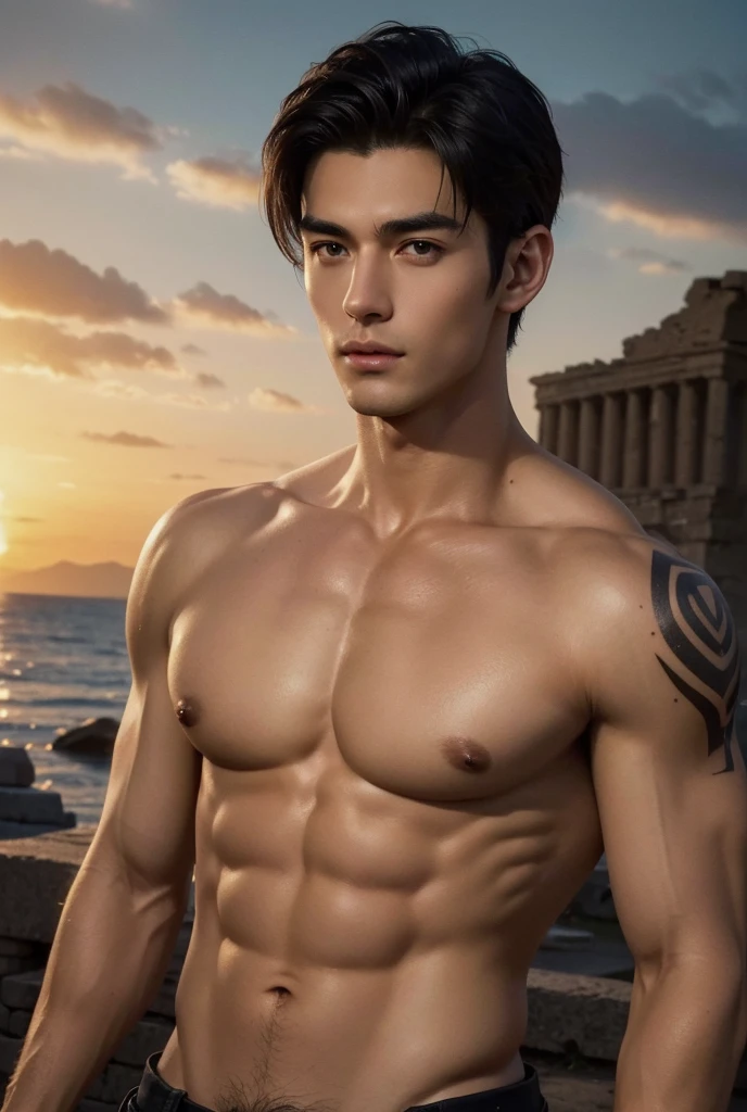 a tall handsome muscular young man, solo, extremely detailed face and body, (shiny smooth skin), hot glow in his skin, perfect facial features, beautiful eyes, short hairstyle, sexy gaze, looking at the viewer romantically, explorer, explorer's clothes, ancient ruins, big lake, cloudy sky, lush nature, full body tattoos, (best quality,4k,8k,highres,masterpiece:1.2),ultra-detailed,(realistic,photorealistic,photo-realistic:1.37),