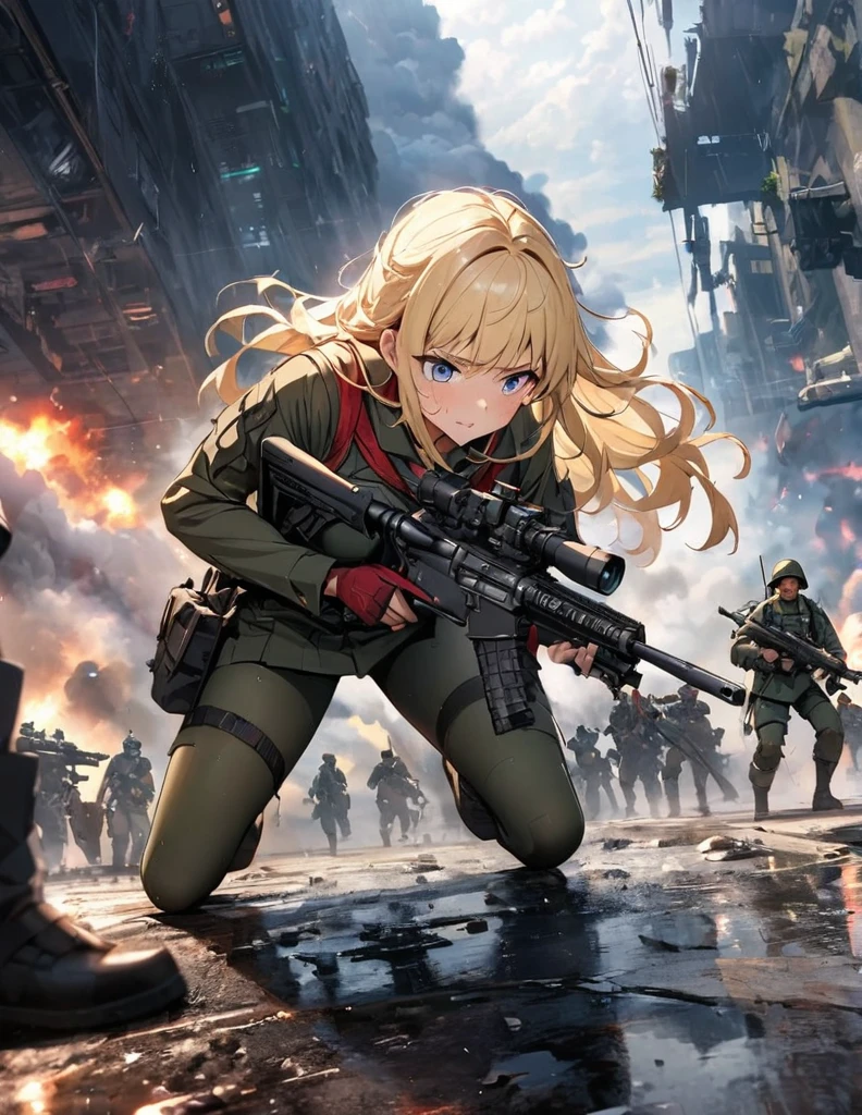 (anime)、(masterpiece:1.2),Atmospheric perspective,Lens flare、Fog of Battlefield、End of battle, Makes the world look grey、When it rains, The female soldier is crouching.。With an irritated look on his face, he vows revenge..。Rain-soaked hair、blonde、blue eyes、Space Battleship Yamato、Traces of fierce fighting are everywhere、Smoke rising from everywhere、A work of blurry color M4 Carbine,Possession of a gun