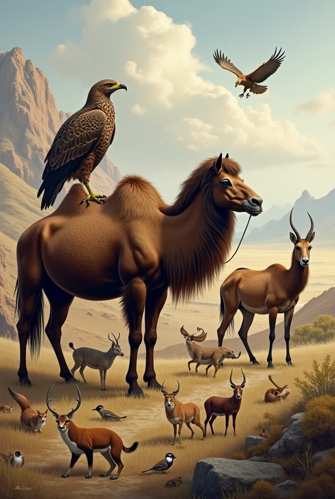Steppe eagle, Kulan, one-humped camel, Przewalski's horse, Manul, bustard, gazelle, squirrel, quail, arhar, antelope, onagr, винторогая antelope, ask questions.