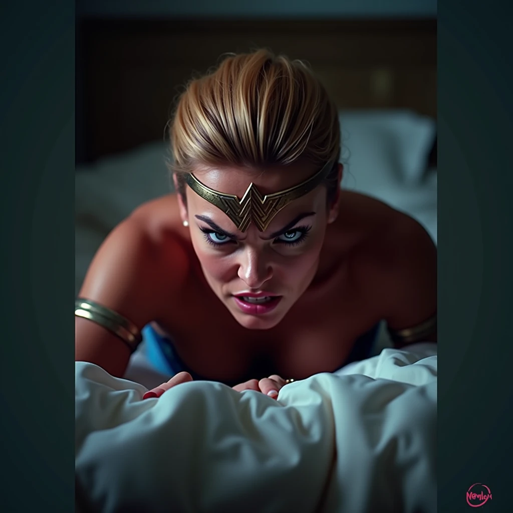 An angry looking wonder woman in bed. Close up. Looking at viewer. Shot from below