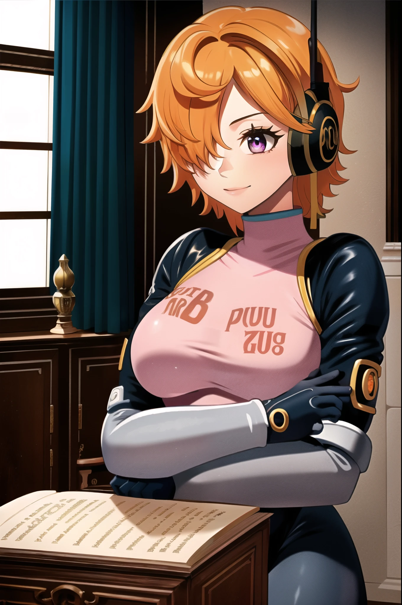 masterpiece, ((ultra detailed background, delicate pattern, intricate detail)), (highly detailed, fine details), best quality, beautiful lighting, ((medium breasts, slim girl)), 1girl, Lilith, (bangs covering one eye), ((light orange hair)), headphones, purple eyes, dark-blue jacket, ((pink bodysuit, full-body suit)), complex detailed background, inside, castle room environment, medieval castle, gray walls, window, bookshelf, (close-up, portrait),  