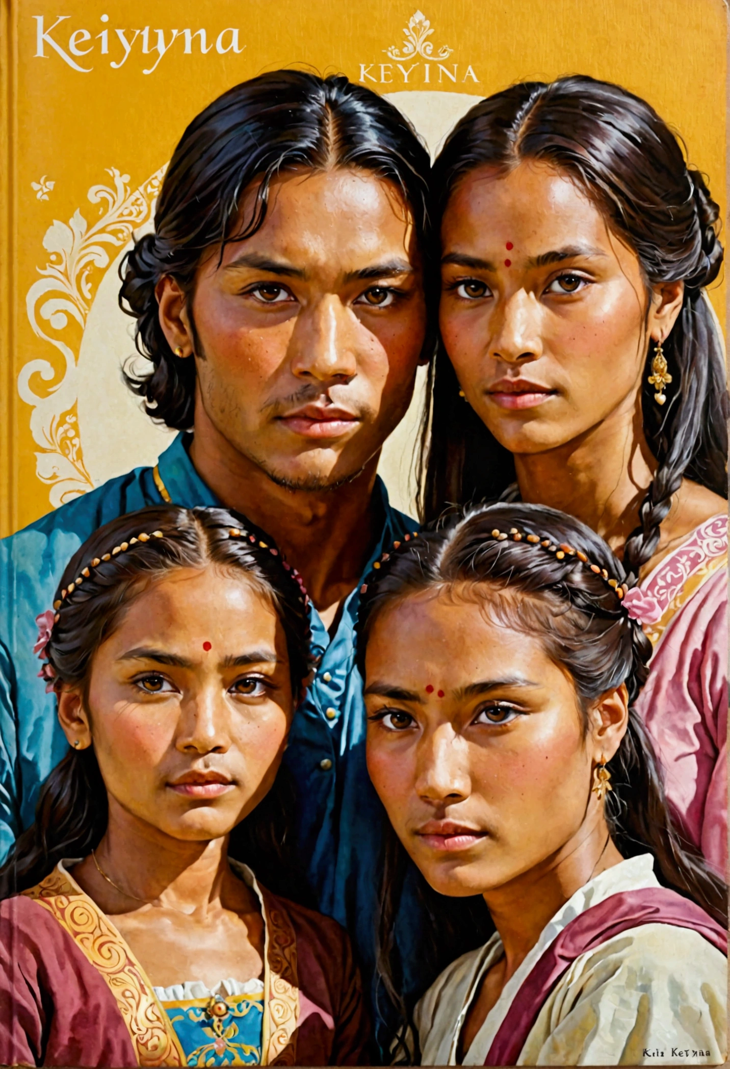 Book Titled Keiyna.Two twin woman with a daughter and a man