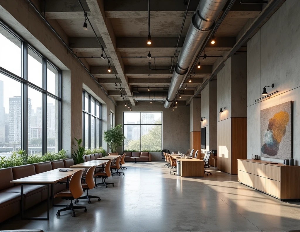 Office interior, exposed concrete, Rough style