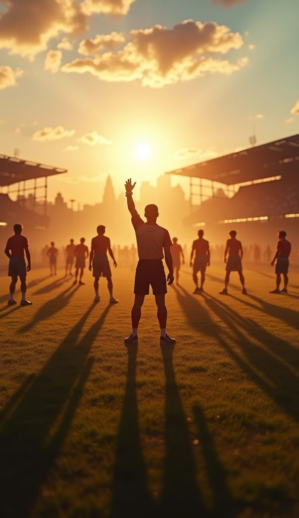 "The referee's whistle, sounding for the first time to start and end a regulated game, marked not just the end of a match, but the beginning of a tradition that centuries later would unite millions around the world, with the referee standing at the center, whistle in hand, players and spectators looking on with a mix of satisfaction and anticipation, the background featuring the setting sun casting long shadows across the field, captured in hyper-realistic, photo realism, cinematography -- ar 9:16."