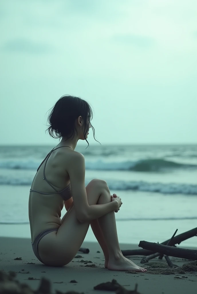 after the storm、South Island Beach、Drifting and drifting、A Japanese woman in a swimsuit waiting for help、Sit with your knees hugged、I can see his profile looking out to sea.