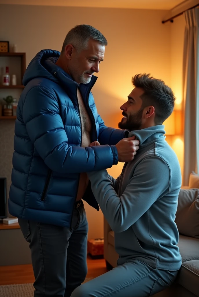 Create a hyper-realistic, high-resolution image showing two extremely handsome brightly lit living room. The wonderful and seductive uncle, aged 42, with short hair beginning to show signs of balding, is wearing dark pants and an open, *extremely shiny blue nylon puffer jacket* that exposes his slightly hairy chest and slightly prominent belly. He is kneeling on the floor, *wearing a collar around his neck*, being pulled by his gorgeous nephew, a 26 yo man with a naturally attractive physique, dressed in a fitted shirt and casual pants, stand in the side of his uncle. (((The *nephew pulls the collar with a confident and authoritative expression*, while the uncle, *kneeling*, looks up with a submissive expression))). The living room is warmly lit, with modern, comfortable decor that enhances the realism of the scene. The image should capture every detail with precision, emphasizing the interaction and contrast of roles between the two men. HANSOME NEPHEW STANDS NEXT TO HIS WONDERFUL UNCLE KNEELING ON THE FLOOR BEING HUMILIATED AND TREATING LIKE AN ANIMAL TO A NEPHEW.
