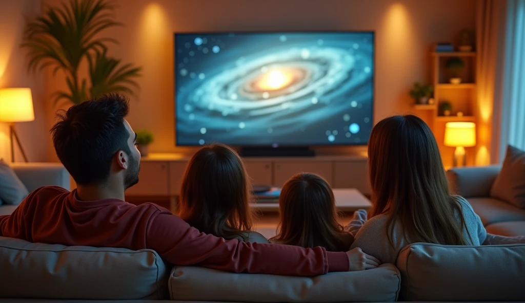 A family watching TV in the living room, 1 man 2 women 1 child, cozy living room interior, comfortable sofa, large flat screen TV, warm lighting, soft colors, photorealistic, highly detailed, 8k, cinematic composition, realistic textures, intricate details