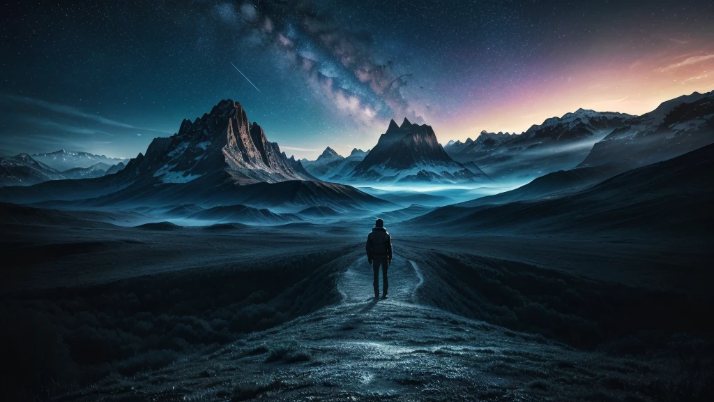a lonely person standing in a galactic landscape, mysterious night sky, mountainous terrain, very tall mountains, person standing extremely far from the camera, magical dream scene, dark surface (best quality,4k,8k,highres,masterpiece:1.2),ultra-detailed,(realistic,photorealistic,photo-realistic:1.37),hyperrealistic, dramatic lighting, cinematic composition, moody atmosphere, ethereal, surreal, sci-fi, fantasy