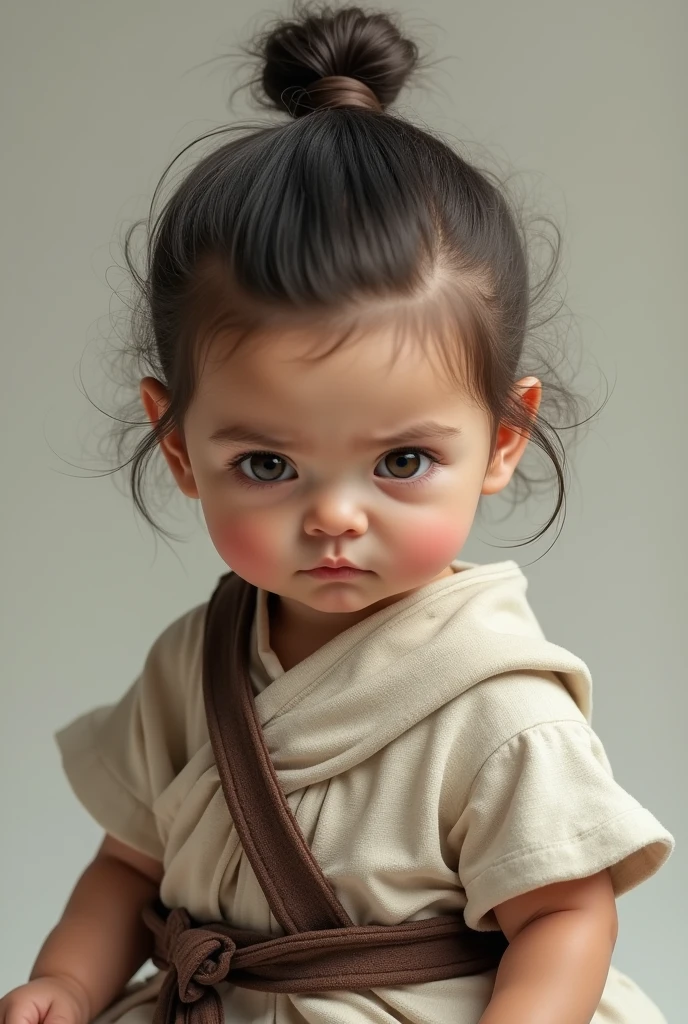 (photorealism:1.2), baby with hair and looking like warrior in simple dress