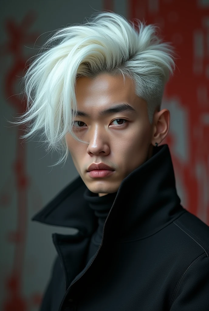young man(Japan)white hair, Two blocks of haircut, Obscene set, Provocative image, perfect face, 8k quality, Ridiculous details and texture qualities,