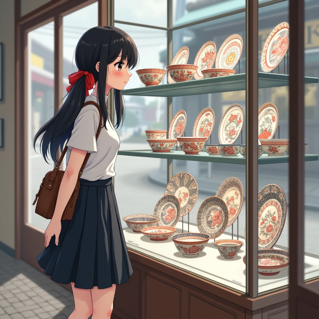 Anime Style, Realistic Background, Beautiful views,
A girl looking at ceramics, Hands in front, Place your hands on your thighs.
Casual clothes, She is wearing a cute white decorated blouse with short sleeves and no buttons.,
mid black flare skirt,
Wearing white knee-high socks, Wearing sneakers.
Her hair style is low twin tails, with red ribbons, very long length and black, low pigtails.
bag, Late teens, Small breasts, Has dark brown eyes.
trip, Japanの陶磁器, Kutani ware ceramics, dish, Bowl, Cup, shop, indoor, Japan, Glass door, street,
Summer vacation, Daytime, from side,
close up face, upper body, solo focus, feet out of frame, focus on face, not full body.