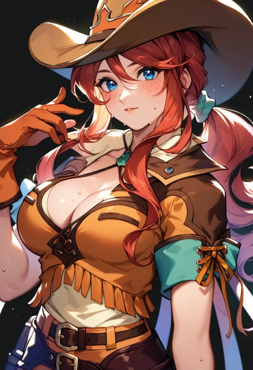 score_9, score_8_up, score_7_up, very aesthetic, source_anime, detailed, high quality, beautiful, masterpiece, detailed eyes,
(Simple black background), dark,
cowboy shot, upper body, aroused facial expression, blush, sweat,
gemini sunrise, red hair, long hair, blue eyes, freckles, sidelocks, big breasts, cleavage
belt, thigh strap, cowboy hat, cowboy boots, fringe trim, gloves, miniskirt, zPDXL