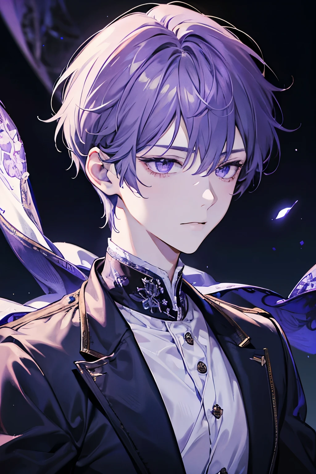 (tmasterpiece, high resolution, ultra - detailed:1.0), (1boy, adult male), Adult but cute face, Perfect male body, Eyes look at the camera, (prince:1.3), Delicate eyes and delicate face, Extremely detailed CG, Unity 8k wallpaper, Complicated details, solo person, Detailed face, short light purple hair, wavy hair, purple eyes, shy smile , Ray tracing, Best quality, Portrait , white background, weakness boy