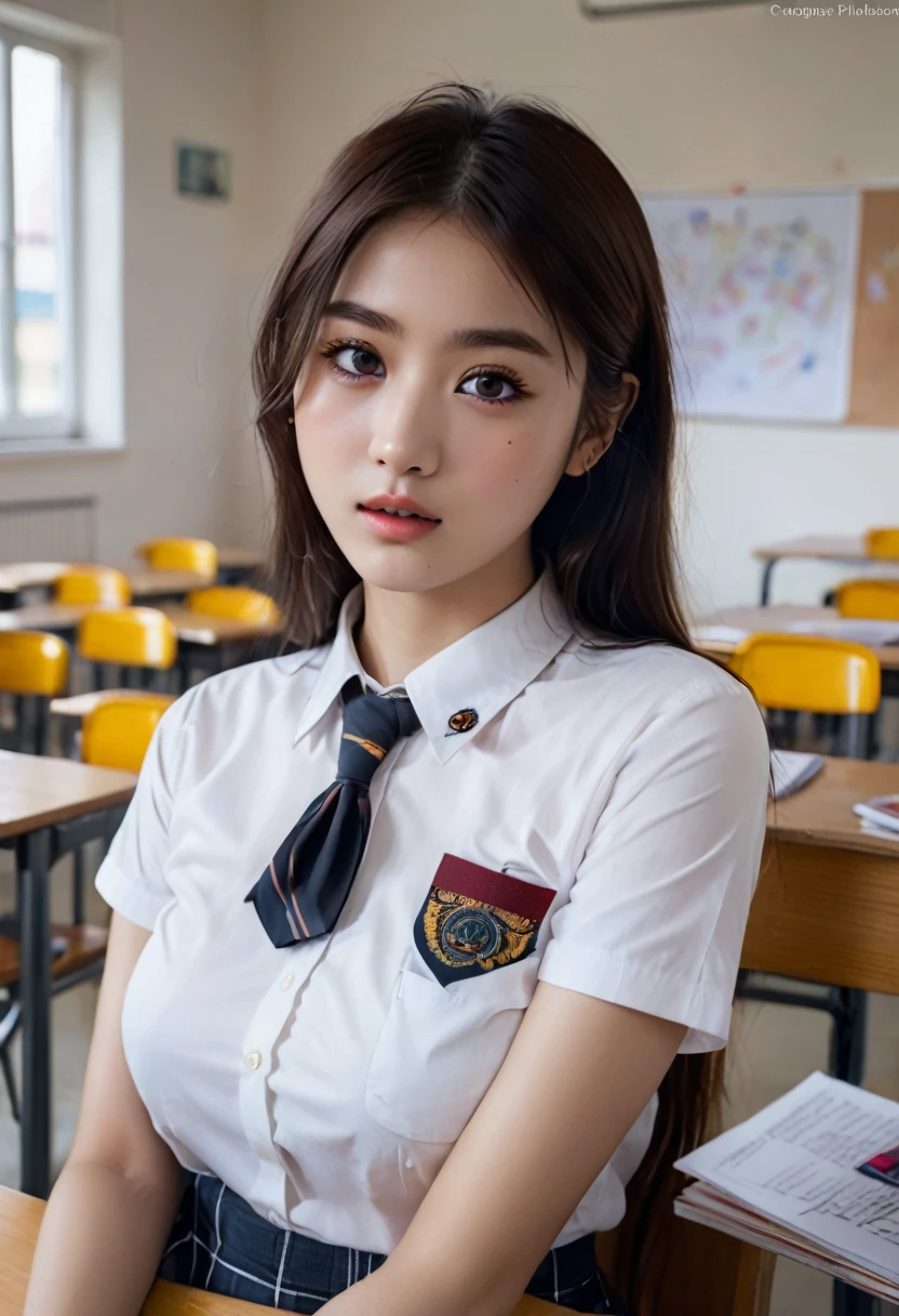  highest quality, masterpiece, ultra high definition, (cute face), (perfect brown eyes), large breasts, surreal illustration, natural proportions, Ultra HD, realistic and vivid colors, highly detailed UHD drawing, perfect composition, 8k, Texture, breathtaking beauty, pure perfection, unforgettable emotion, thread necklace, in the classroom, school uniform