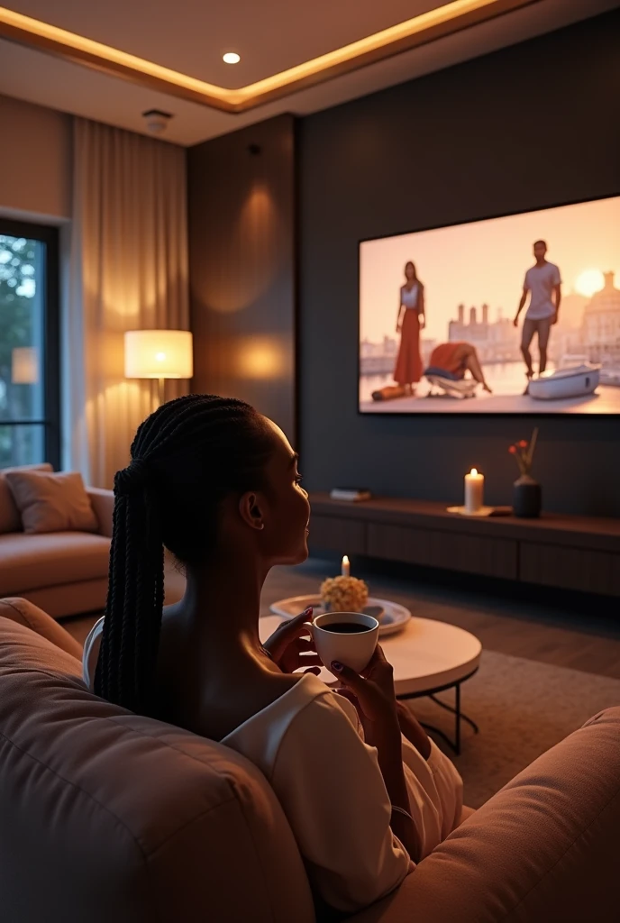 "Create a luxurious scene featuring the na
Back view of a happy relaxed beautiful biracial woman with long braided hair, in a boho chic Nordic living room during movie night watching sleek 100-inch TV mounted on the wall, playing an episode of 'Emily in Paris.' The room is tastefully decorated with plush furniture, elegant lighting, and artistic decor that exudes sophistication. The woman is seated comfortably, possibly on a velvet sofa, with a a stylish cup of coffee , She is dressed in chic, swear pants comfort. The atmosphere should radiate warmth, style, and a sense of relaxation, showcasing the perfect blend of luxury living and indulgent entertainment."