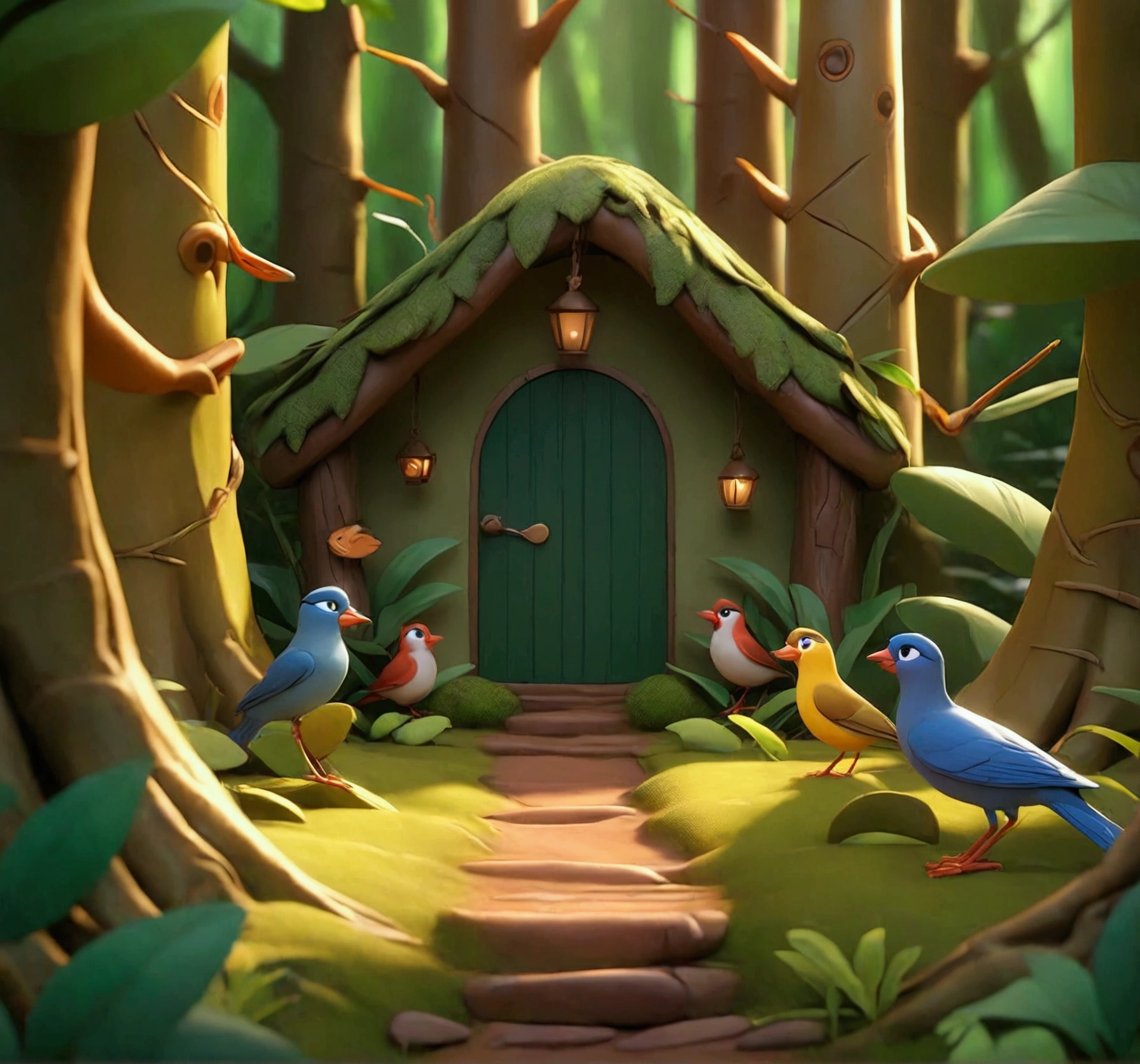 Here are the scene-by-scene prompts based on the story:Scene 1:Setting: The entrance of a dense forest, daytime. The area is surrounded by greenery and tall trees, with birds chirping in the background.Cartoon Style 3D