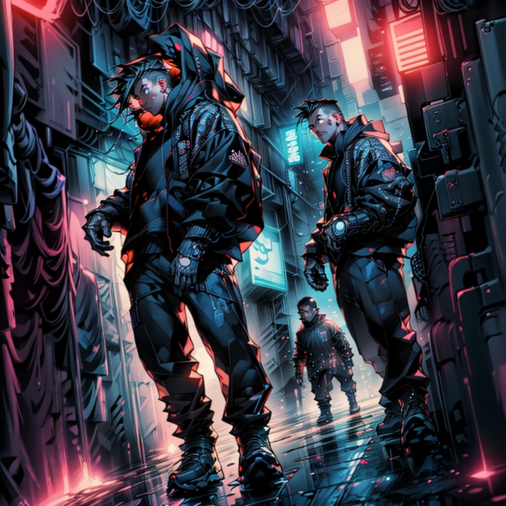 masterpiece, best quality), (Complex lighting), 1 boy，Handsome, Solitary, Complex lighting effects, black eyes,The proportions of the characters are normal， Cold and expressionless, Character against the wall,Cyberpunk city background,anime boy，Panoramic view